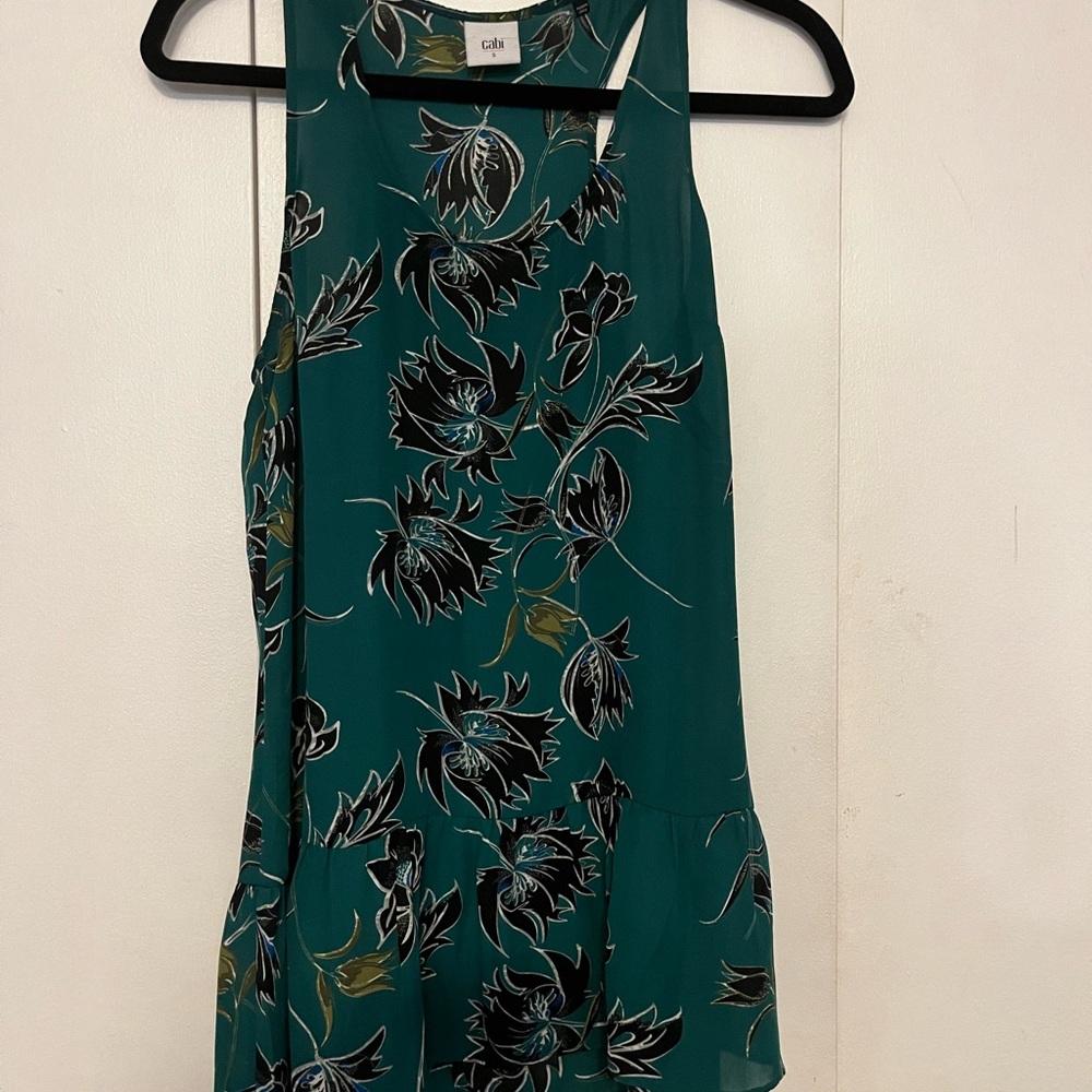 CAbi Teal and Black Floral Tank Top